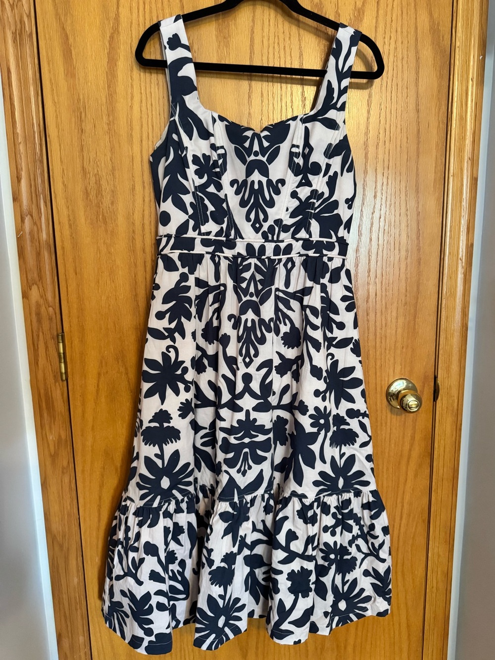 Andres Otalora Tan and Navy Floral Print Midi Dress